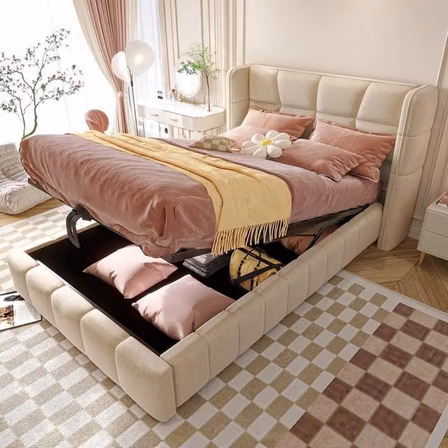 Letto imbottito singolo 90x200 ¨C Minimal ¨C Beige tessuto rete a doghe con contenitore
