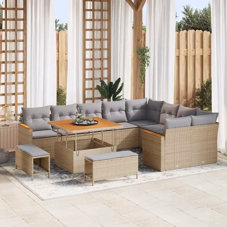Set Divano da Giardino vidaXL 12 Pezzi a Forma di L con Tavolino e Pouf, Colore Beige e Grigio, Struttura in Acciaio e Rattan con Cuscini Inclusi