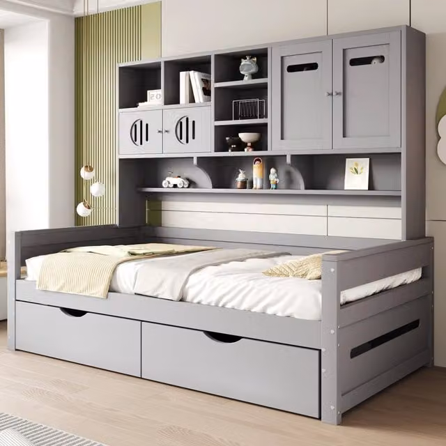Letto singolo multifunzione 90x200 cm in legno di pino; con spazio contenitore e cassetti; grigio