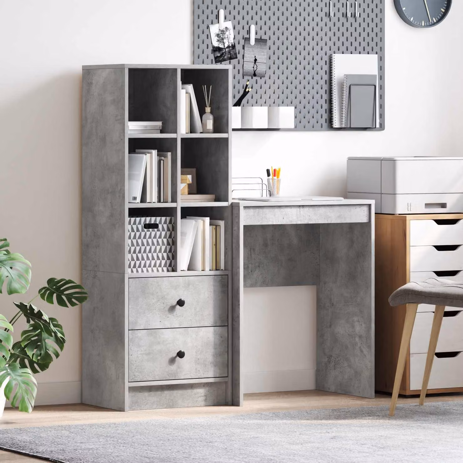 Set di 2 Scrivanie con Scaffale vidaXL in MDF Laminato Grigio, L: 105,5 cm, P: 34 cm, H: 127 cm