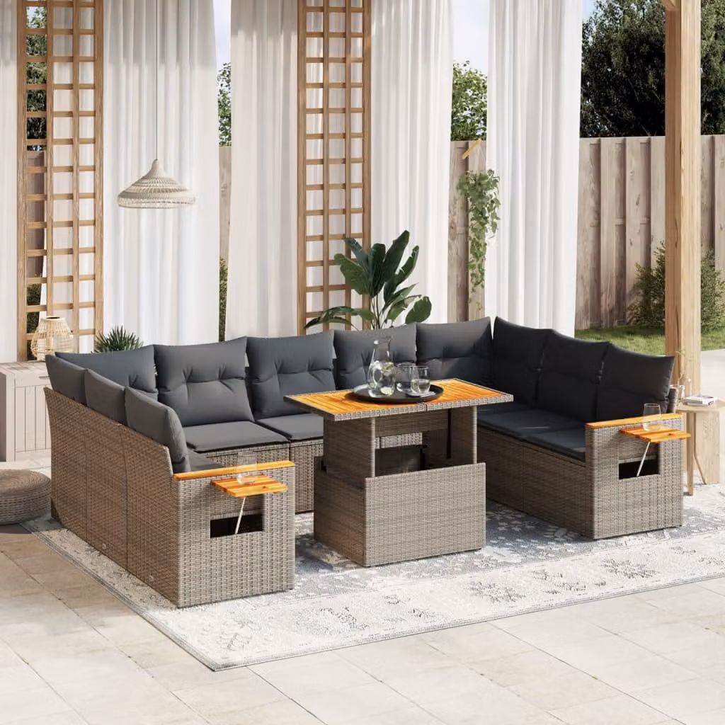 Set di Divani da Giardino vidaXL 11 pz in Polyrattan Grigio con Cuscini e Tavolino da Esterno – 1