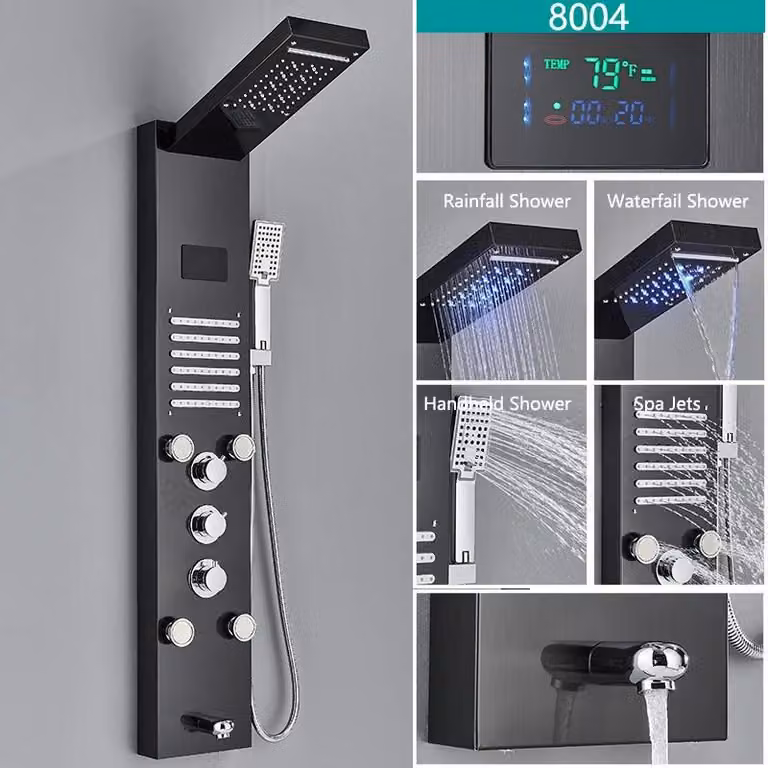 Pannello doccia LED - Colonna doccia a pioggia con miscelatore - Display digitale della temperatura - 4 getti massaggio corpo - Miscelatore a 3 manopole - Acciaio inossidabile 304 - Nero, modello 8004