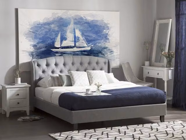 Letto matrimoniale Beliani in tessuto grigio con poggiatesta capitonné imbottito e doghe a rete, Design moderno, L 140 x P 200 cm