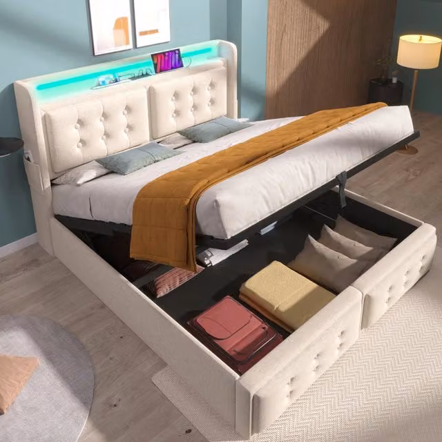 Letto imbottito 180x200 cm con testiera in pelle e funzione di ricarica USB-C, struttura in legno e metallo con rete a doghe idraulica, beige, senza materasso