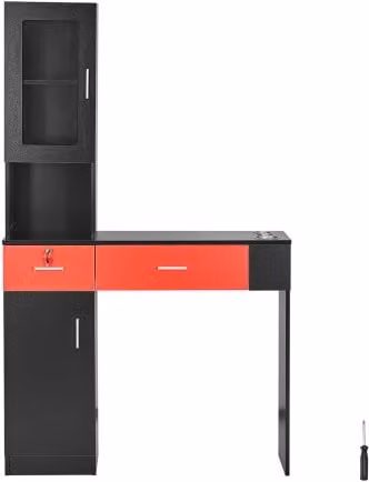 Stazione per Salone VEVOR da Parete per Parrucchiere e Barbiere, Set di Mobili con 1 Armadietto, 3 Piccoli Armadietti e 2 Cassetti con Serratura, Nero e Rosso, L: 102,8 cm, P: 30 cm, H: 170 cm