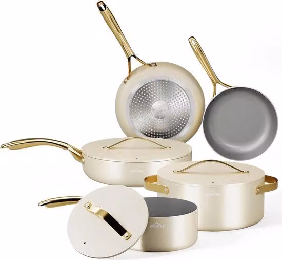 Set di pentole in acciaio inox - 8 pezzi con coperchi in vetro | Adatto per induzione | Bianco