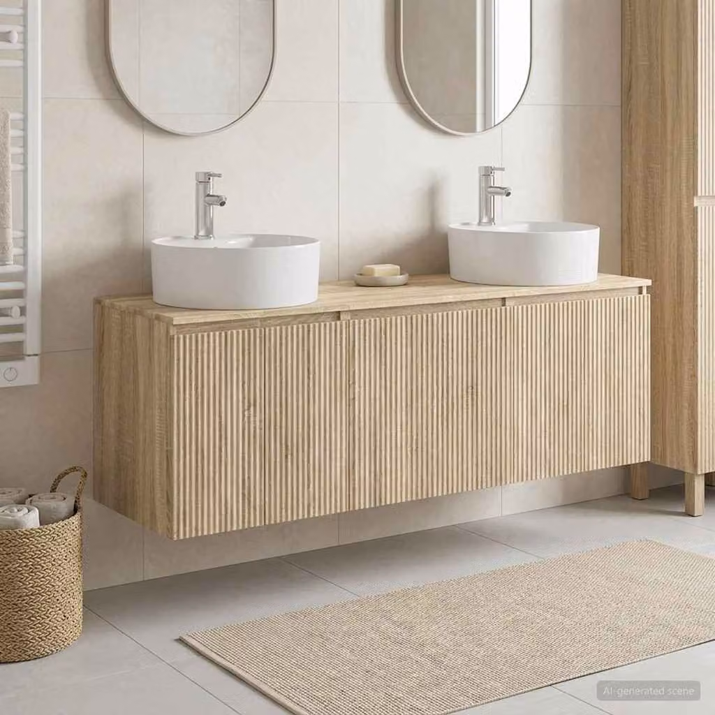 Set di 3 mobili da bagno moderni vidaXL in legno marrone e beige, comprensivo di mobile lavabo e pensili, L/P/H: 49,5 x 44,5 x 65 cm
