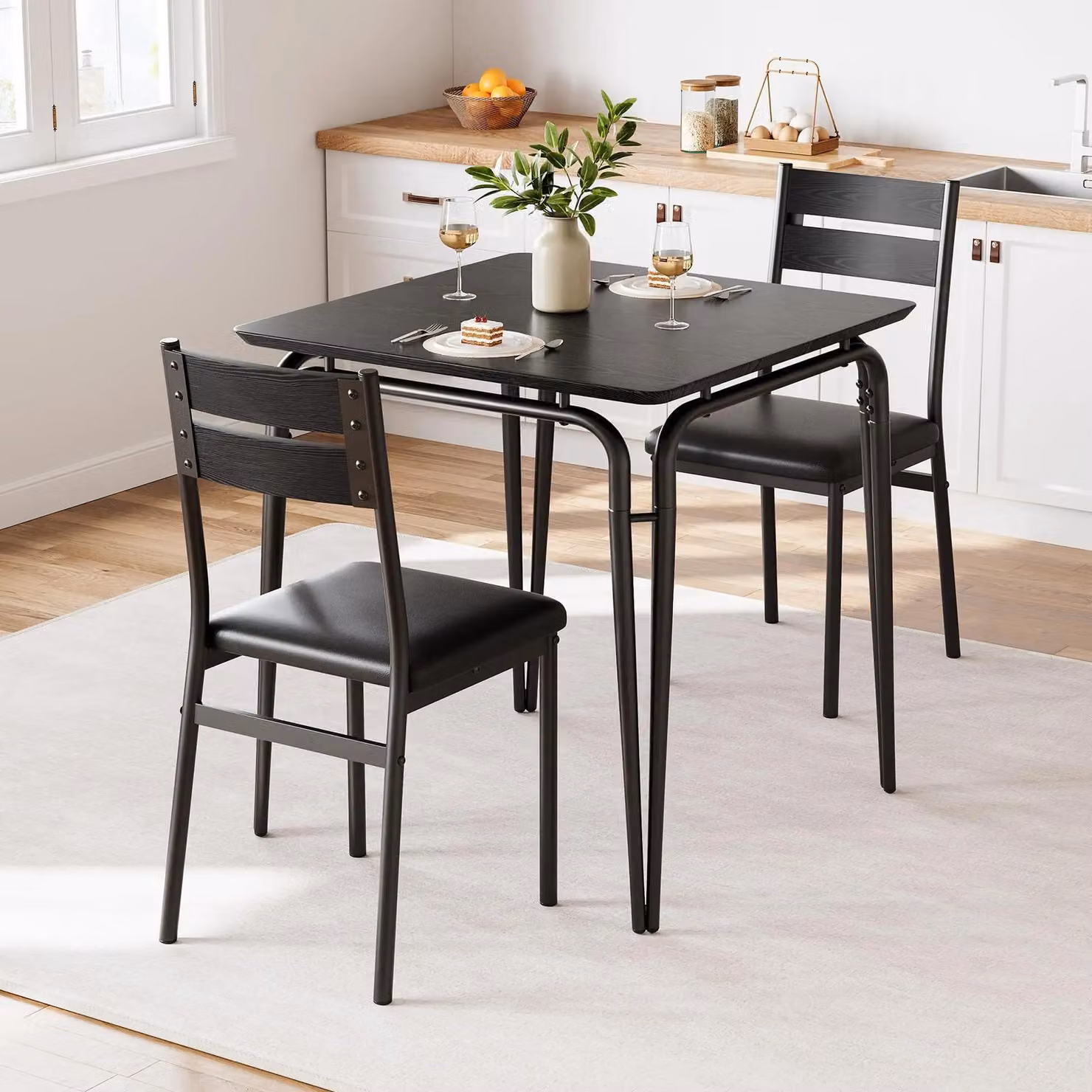 Set da pranzo per cucina - Set da tavolo da pranzo composto da 3 elementi: un tavolo e 2 sedie imbottite - Stile industriale - Design salvaspazio - Struttura in metallo - Colore nero