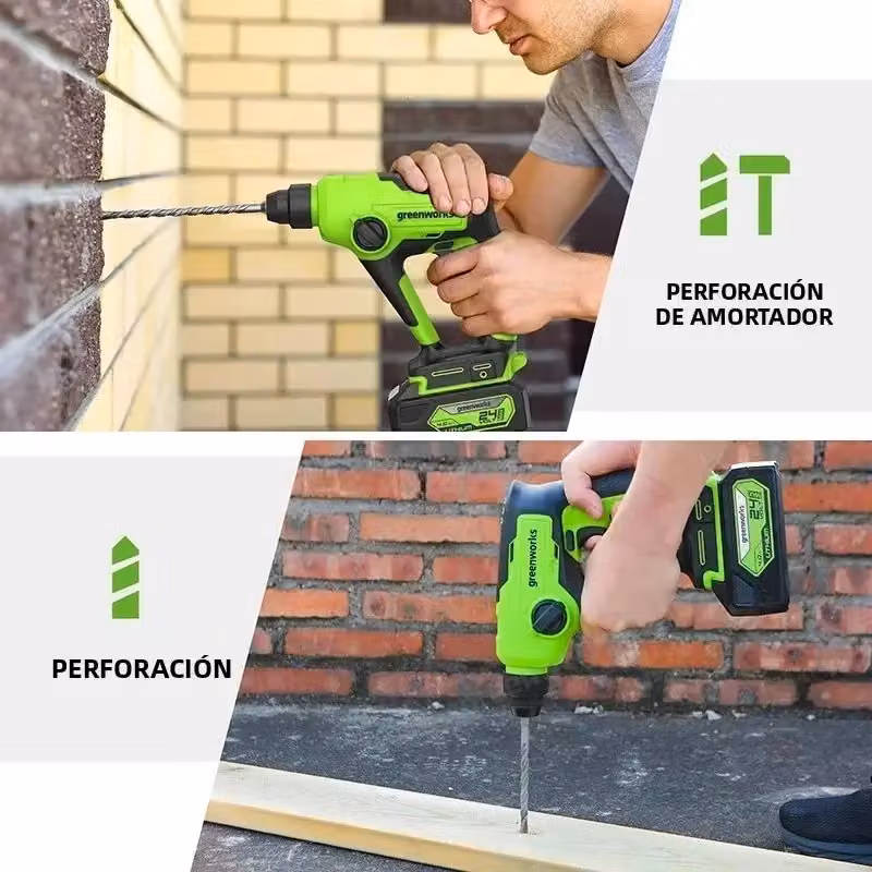 Trapano a percussione senza fili Greenworks HMG405 24V con batteria da 4 Ah e caricabatterie inclusi, colore verde – 2