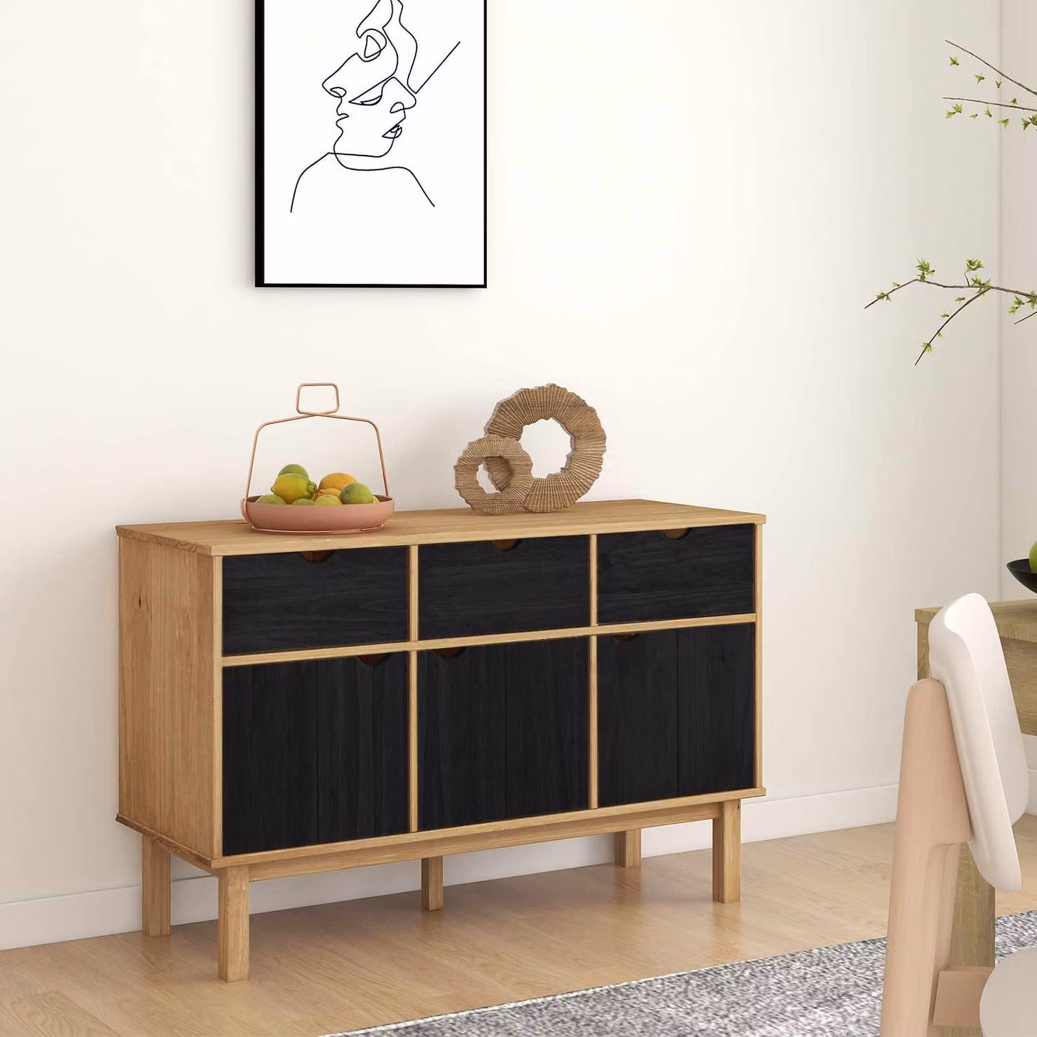 Credenza OTTA vidaXL in legno di pino cerato, Marrone e Nero, L: 114 cm, P: 43 cm, H: 73,5 cm