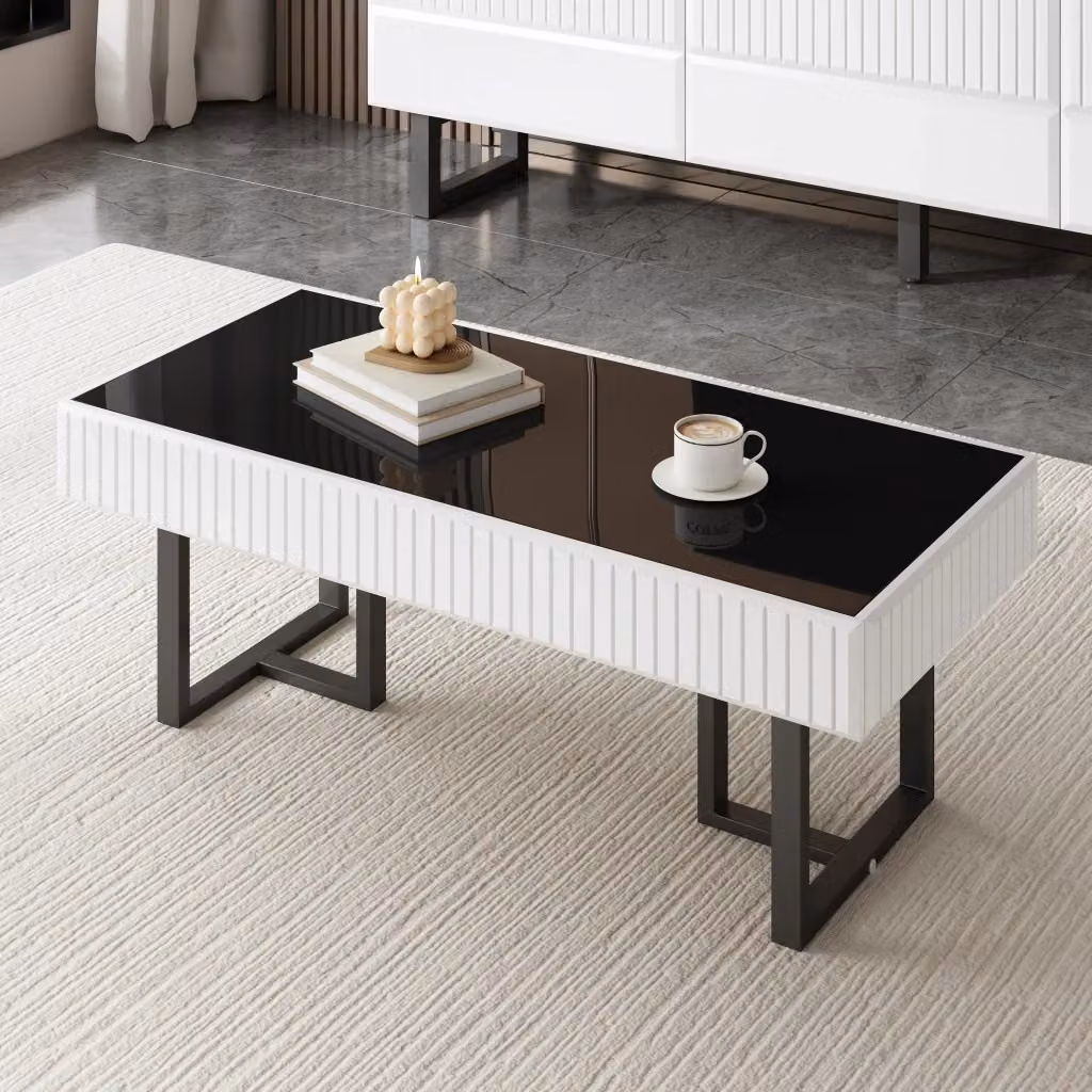Tavolino da salotto moderno Zephmum con piano lucido nero e bianco, L: 110 cm, P: 50.5 cm, H: 41 cm – 2