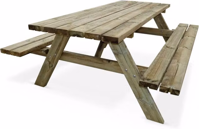 Set tavolo da picnic Sweeek in legno di pino con 2 panche, marrone naturale, stile rustico per giardino