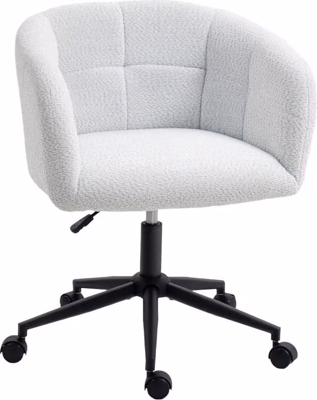 Fortuna Lai Sedia da ufficio imbottita con rivestimento in peluche, design a scodella, sedia da scrivania con rotelle, base in acciaio, crema+nero