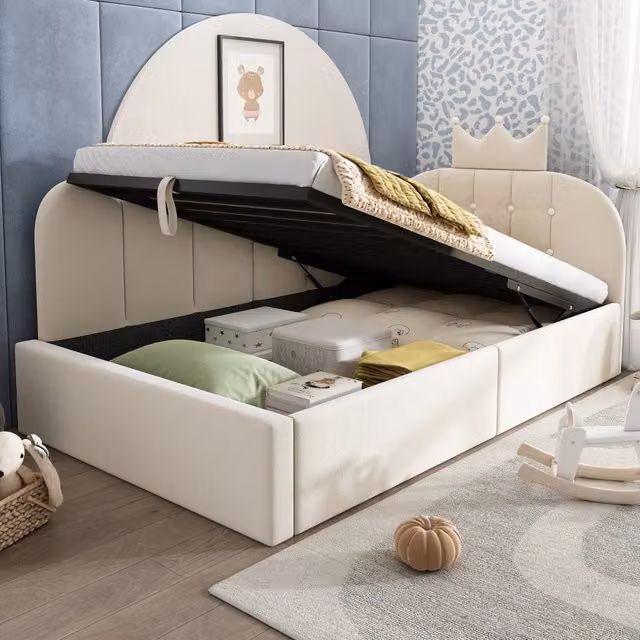 Letto daybed 90x200 cm con contenitore idraulico in velluto beige