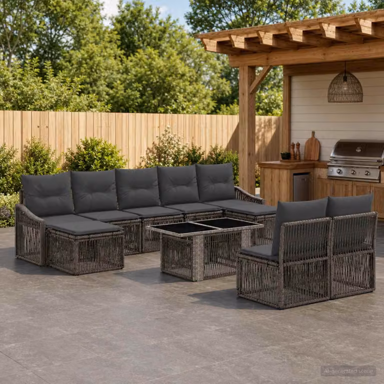 Set Divano da Giardino vidaXL 10 Pezzi in Polyrattan Grigio e Grigio Scuro con Cuscini e Tavolino da Esterno a Forma di U