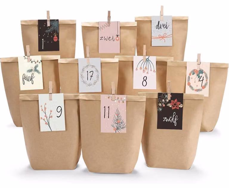 Calendario dell'Avvento da riempire, 24 sacchetti di carta resistente con cartoncini numerati, color marrone e multicolore