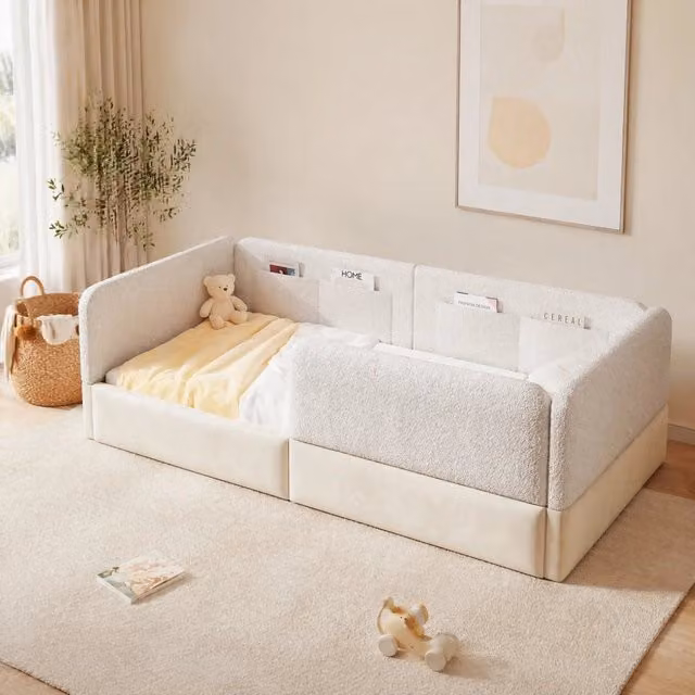 Letto imbottito Mivray in velluto e PU bianco beige con sponde laterali e tasche interne L/P/H: 200 x 90 x 120 cm