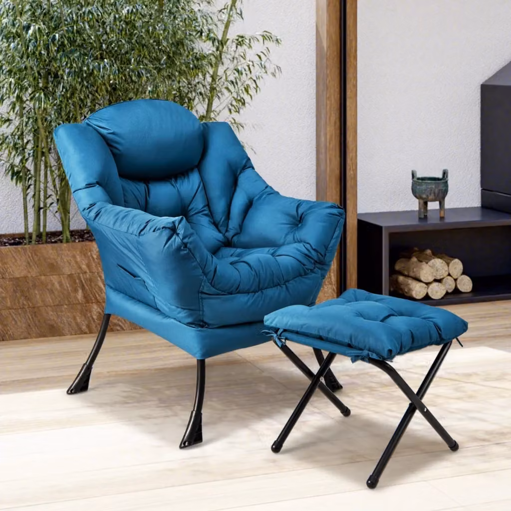 Poltrona da lettura moderna con cuscino, braccioli e tasca laterale, colore blu – 2