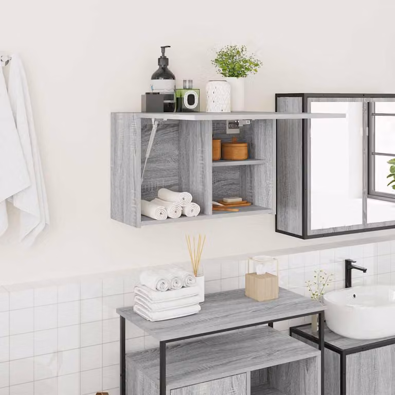 Mobile da bagno vidaXL in legno multistrato e MDF, colore grigio, con ante a cerniera e scaffali interni, sospeso, L 60 x P 25 x H 40 cm