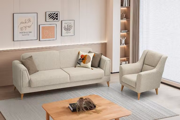 Beige Wohnzimmer Polstergarnitur Designer 3-Sitzer Textilsessel 2tlg