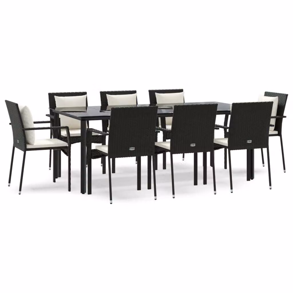 Set da Pranzo da Giardino 9 pz con Cuscini Nero in Polyrattan