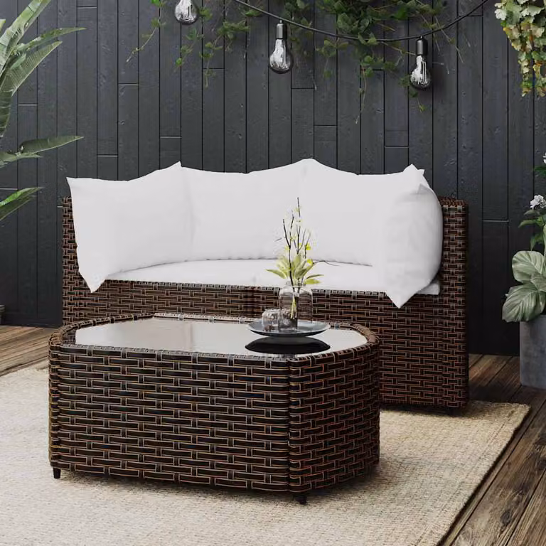 Set di mobili da giardino vidaXL in 3 pezzi con cuscini in polyrattan marrone e bianco