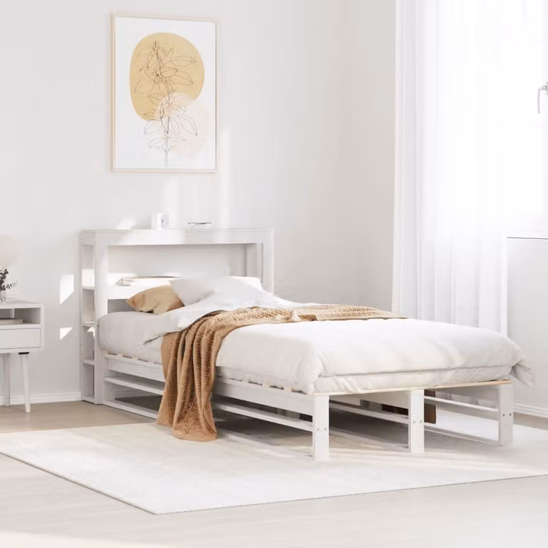 Letto singolo vidaXL in legno massello di pino bianco con ripiani laterali L 75 x P 190 cm