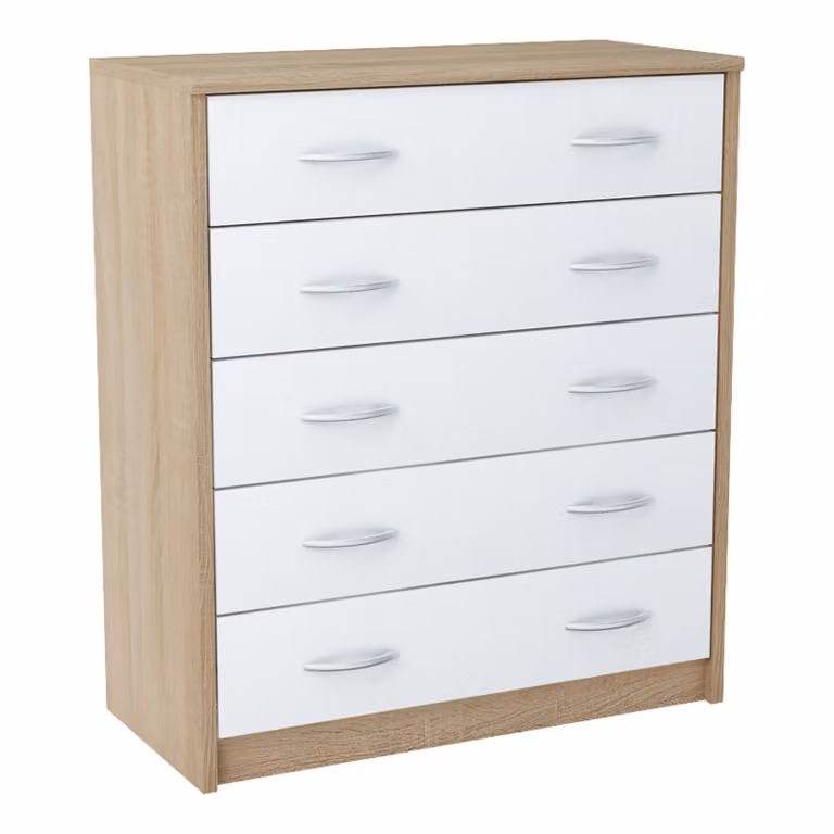 Comodino con 5 cassetti, finitura opaca, larghezza 74 cm. Mobile contenitore in legno, comodino con cassetti, mobile bar, mobile alto, credenza, colore bianco Sonoma
