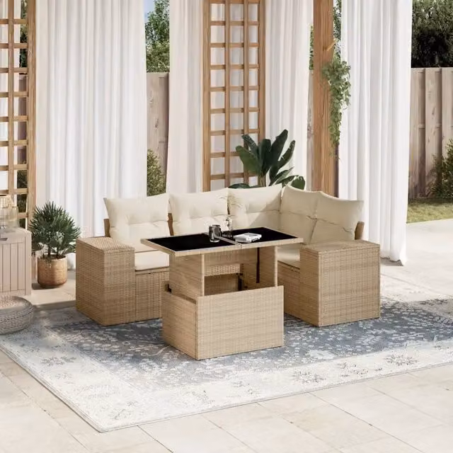 Set Divano da Giardino 5 Pezzi vidaXL in Polyrattan Beige con Cuscini e Tavolino da Esterno a Forma di L