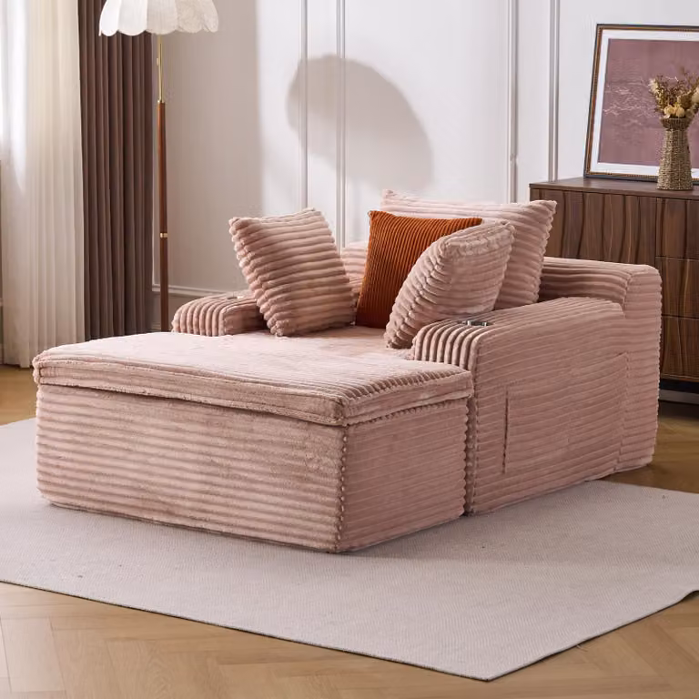 Divano letto senza supporto, divano da pavimento con chaise longue, divano per soggiorno con 3 cuscini e 1 coperta, non richiede montaggio, colore rosa