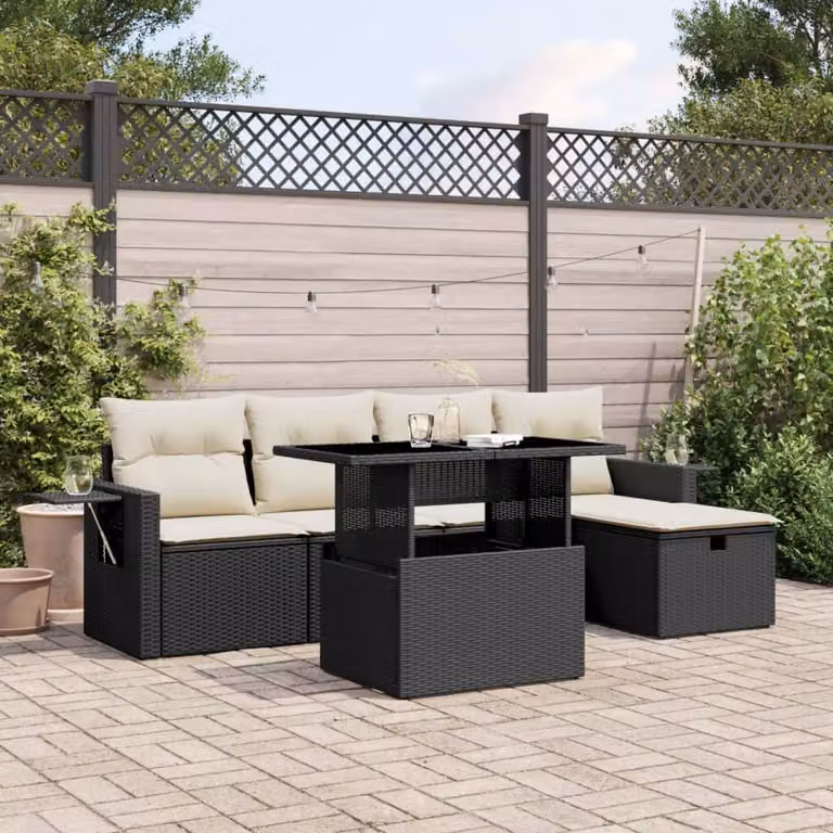 vidaXL Set Divano da Giardino a L 6 pz in Polyrattan Nero con Cuscini e Tavolino da Esterno