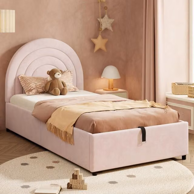 Letto per bambini imbottito 90x200cm con testiera e listelli di legno rosa