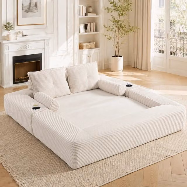 Divano letto a 2 posti 180x98x80 cm beige con tasche e portabicchieri, velluto a coste