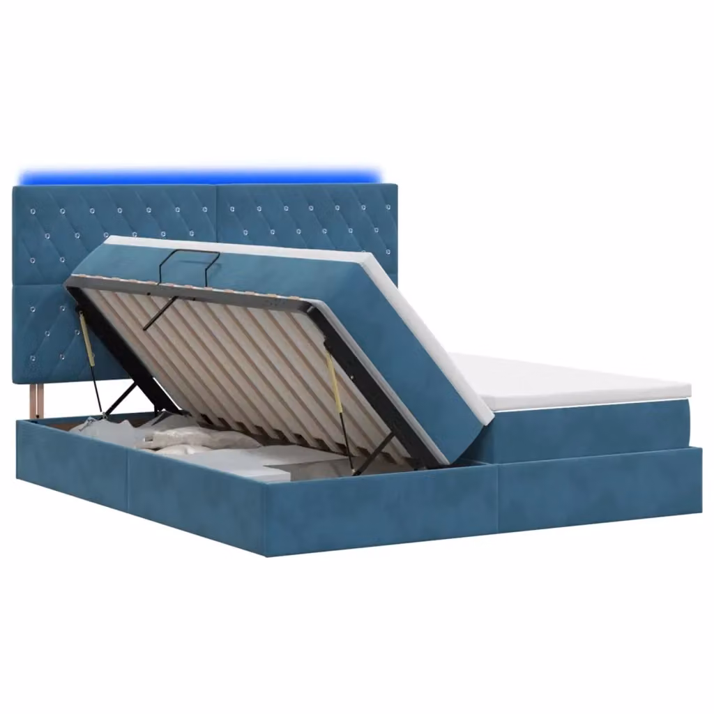 Letto con contenitore vidaXL in velluto blu con illuminazione LED e porta USB, comprensivo di materasso ibrido, L/P/H: 200 x 200 x 140 cm – 2