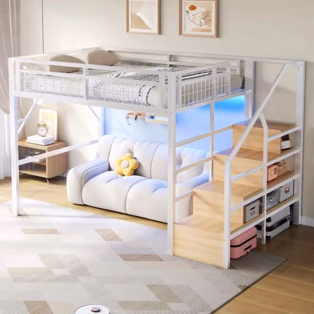Letto a soppalco 140 × 200 cm, scale con contenitore e illuminazione LED regolabile, senza materasso, bianco