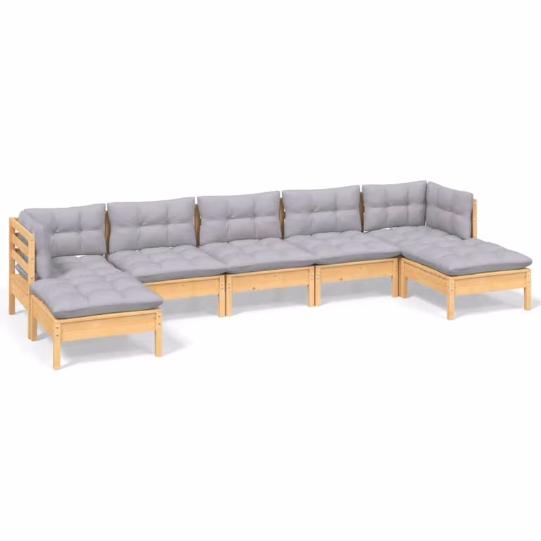 Set Divani da Giardino 7 pz con Cuscini Grigi Massello di Pino