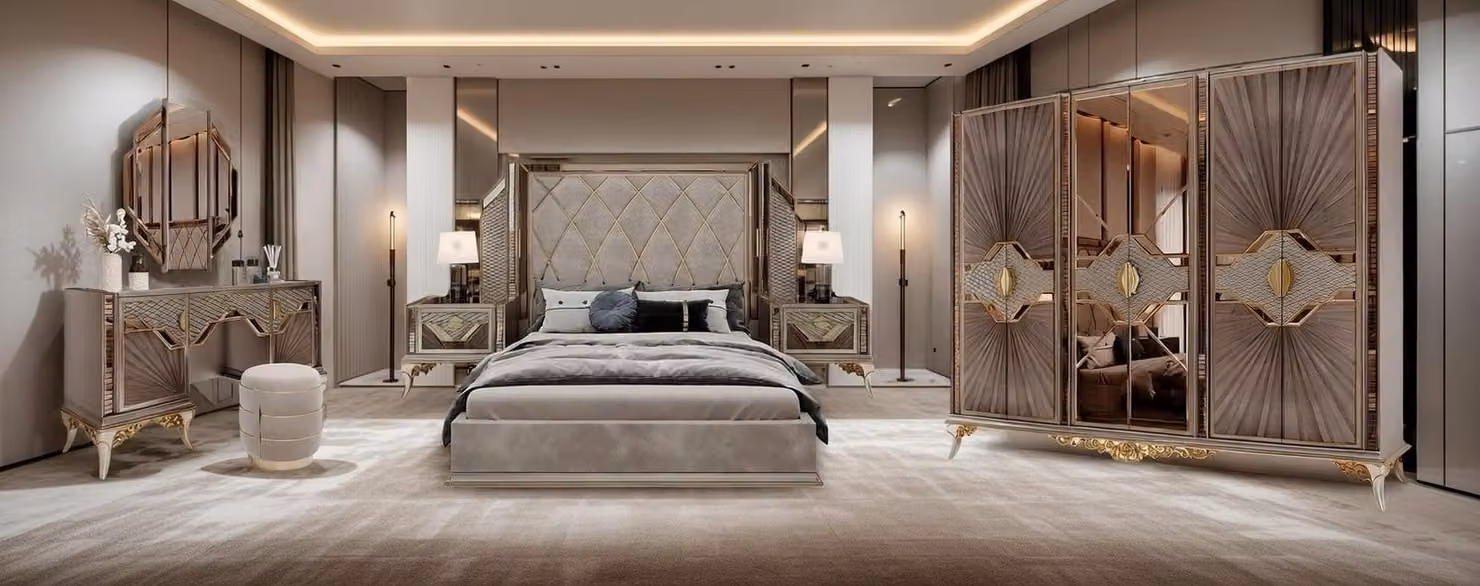 Set per camera da letto di design: letto matrimoniale, armadio, comò da trucco