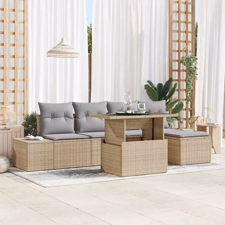 Set Divano da Giardino Moderno vidaXL in Polyrattan Beige con Cuscini e Tavolino da Caffè