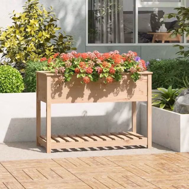 L/P/H: 111,5 x 54 x 81 cm Fioriera con Mensola Design Mania in Legno Massello di Pino Marrone per Orto e Giardino – 1