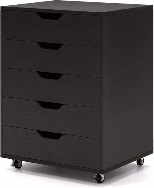Mobiletto da ufficio con 5 cassetti e rotelle chiudibile a chiave 49 x 40 x 65 cm pratico e moderno in MDF nero 20_0010265
