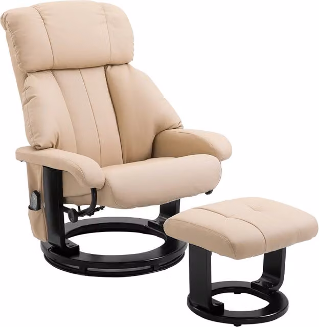Poltrona Relax Reclinabile GIORDANOSHOP con Pouf Poggiapiedi, Rivestimento in Ecopelle Beige e Struttura in Legno e Metallo, L/P/H: 76 x 80 x 102 cm