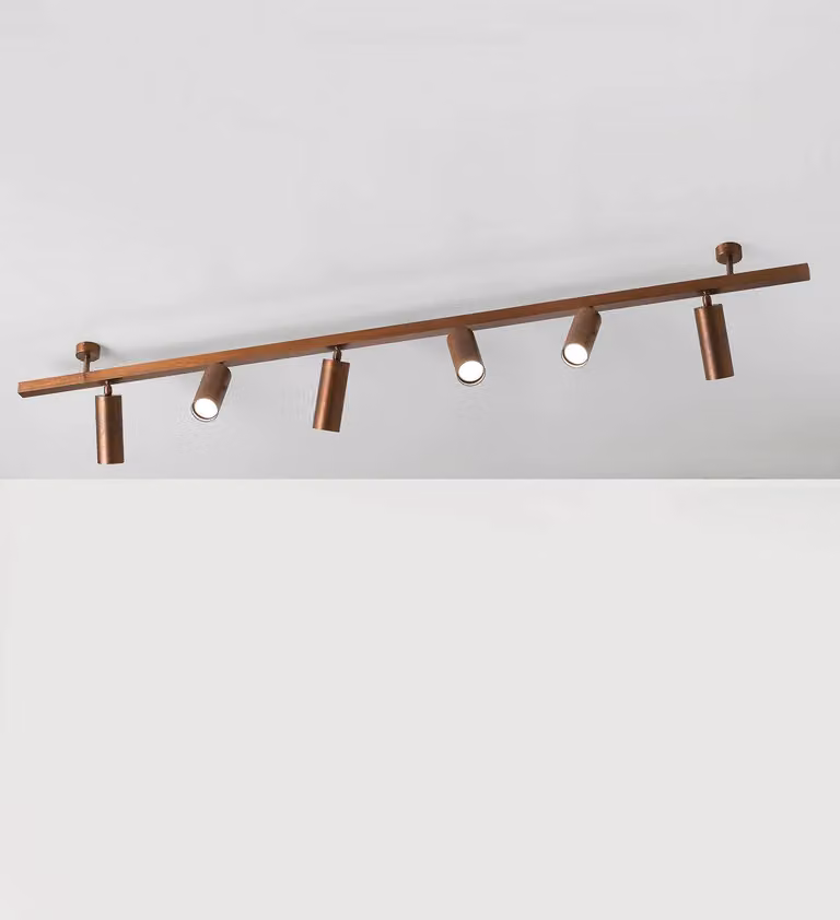 Cremasco Plafoniera 7535, legno brunito, a 6 luci, GU10 dimmerabile, Legno scuro, Soggiorno / Sala da pranzo, Ottone, Moderno, Downlight