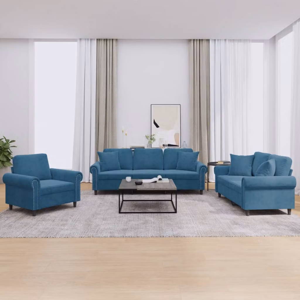 Set di divani 3 pezzi vidaXL in velluto blu con cuscini per soggiorno moderno – 1