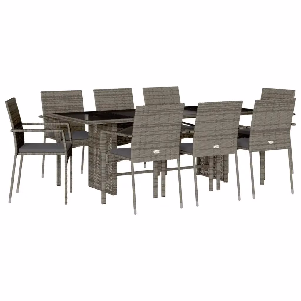 Set da pranzo da giardino vidaXL in polyrattan grigio con cuscini e tavolo in vetro, 9 pezzi – 2