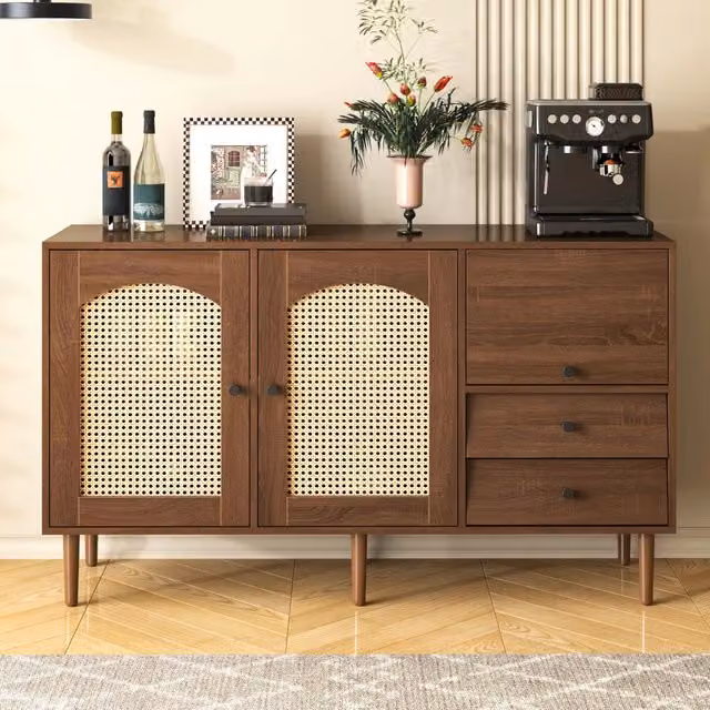 Credenza stile rustico con ante in rattan 130 cm; struttura in legno; colore naturale; mobile per soggiorno e sala da pranzo