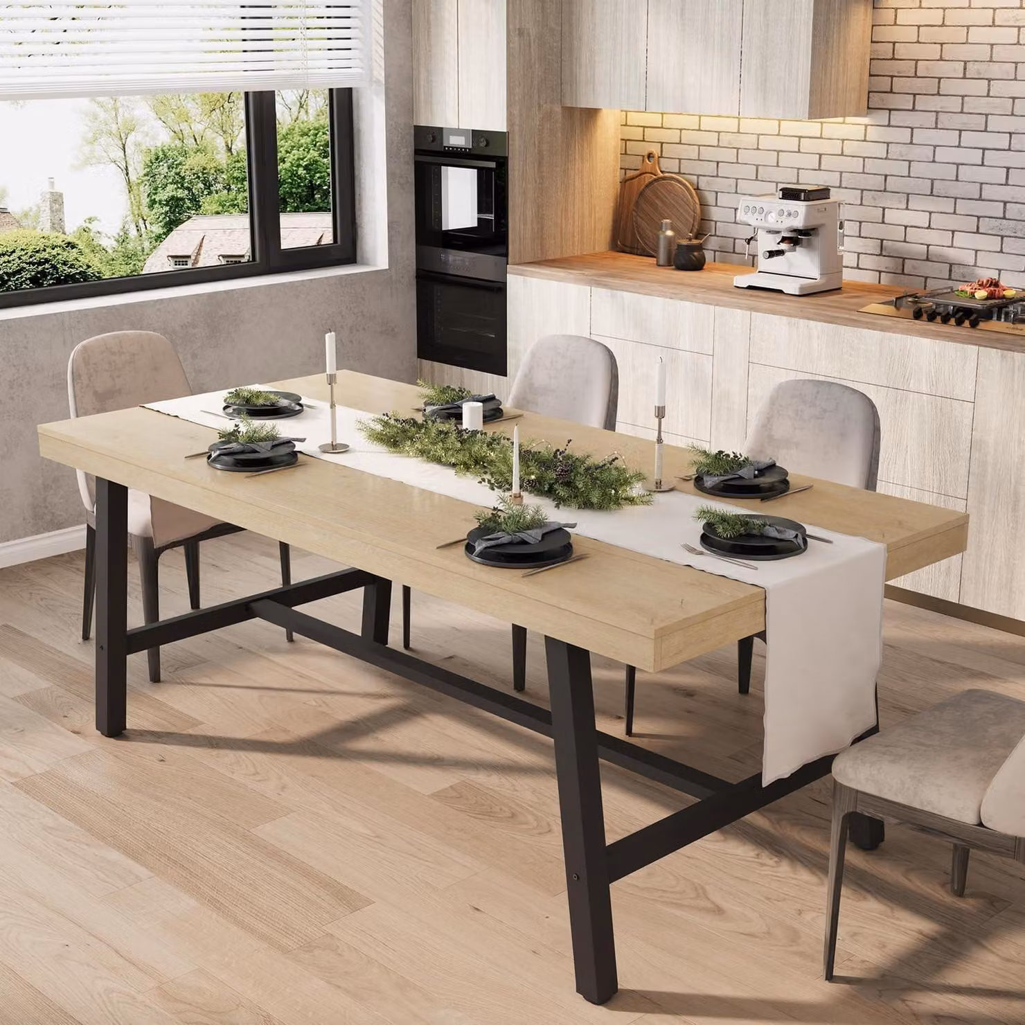 Tavolo da pranzo rettangolare, dimensioni 180x90x76 cm, finitura in legno con gambe in metallo nero, adatto per 6-8 persone