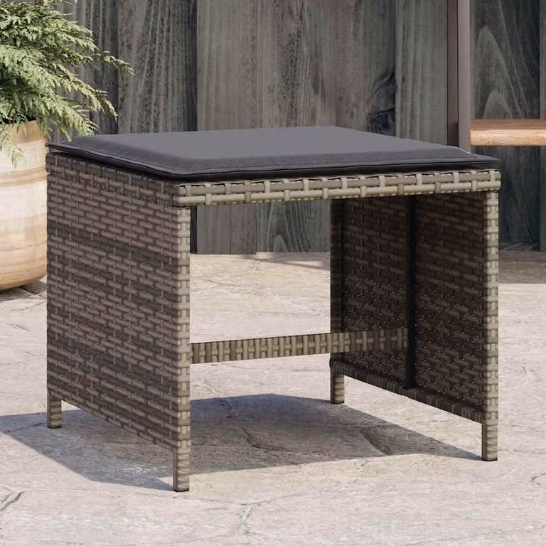 Set di 4 sgabelli da giardino vidaXL in polyrattan grigio con cuscini, L/P/H: 41 x 41 x 36 cm