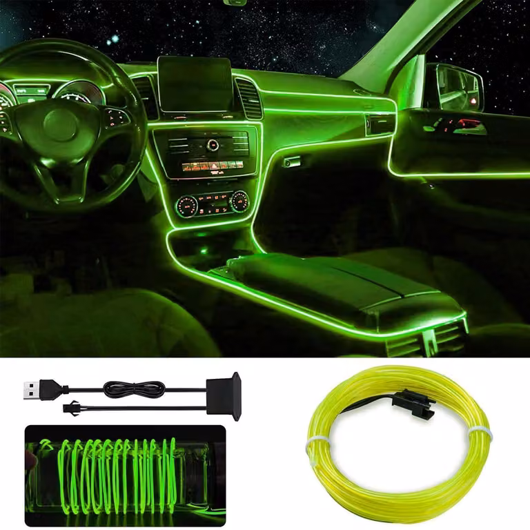 Illuminazione interna LED per auto, 5 metri, monocromatico verde, USB, impermeabile, striscia di illuminazione ambientale