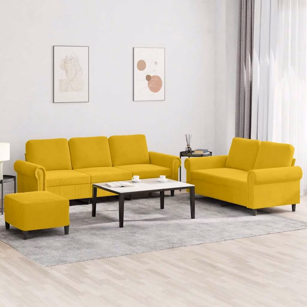 Set di divani vidaXL in velluto giallo composto da divano a 3 posti, divano a 2 posti e pouf con cuscini inclusi