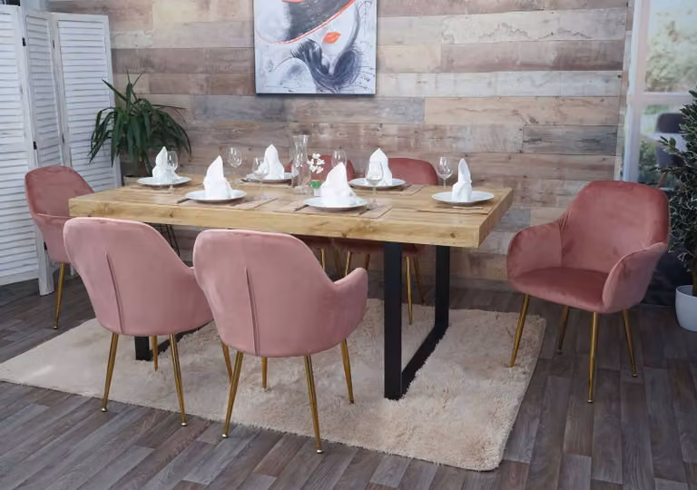 set di 6 sedie per sala da pranzo HWC-F18, sedia da cucina, design retrò ~ velluto rosa antico, gambe dorate
